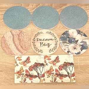 Conimar Absorbent stone coasters lot of 8!! Variety floral textiles cork back 4”